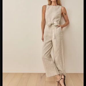 Sleeveless Cream Linen Jumpsuit with Tie Belt